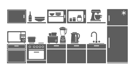 Graphic flat kitchen interior with appliances. Kettle, stove, microwave, refrigerator, toaster and blender. Vector silhouette, isolated on a white background.