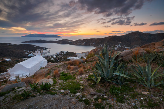 Evening view of the harbour on Ios island, Greece.