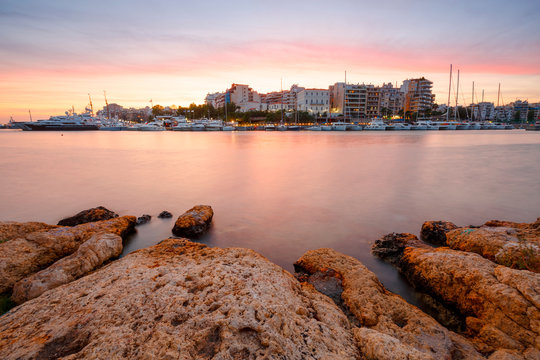 Evening view of Zea Marina in Athens, Greece.
