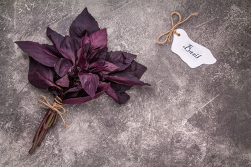 Bouquet of basil tied with string of twine on a gray concrete background with the name Basil on white paper. Top view with copy space for your text