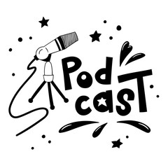 Podcast background with doodle microphone and hand-drawn lettering.