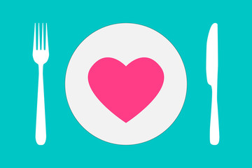 Heart on a plate, next to a fork and knife. Comic composition for a card, banner, congratulations.