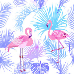 Vector tropical seamless pattern in violet colors with flamingo.