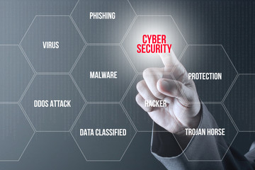 Business man pointing to virtual screen. Technology Concept