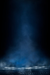 Empty street scene background with abstract spotlights light. Night view of street light reflected on water. Rays through the fog. Smoke, fog, wet asphalt with reflection of lights. 