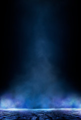 Empty street scene background with abstract spotlights light. Night view of street light reflected on water. Rays through the fog. Smoke, fog, wet asphalt with reflection of lights. 