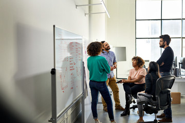 Colleagues brainstorming in meeting at office