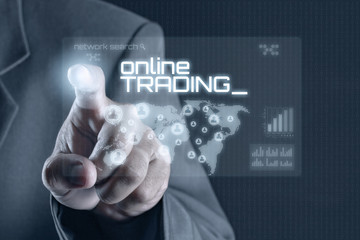 Business man pointing to virtual screen. Business & Technology Concept