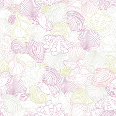 Vector white repeat pattern with variety of overlaping seashells. Romantic pink and purple pastel theme. Perfect for fabric, scrapbooking, wallpaper projects.