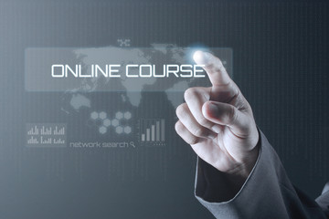 Business man pointing to virtual screen. Education Concept