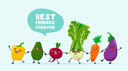 Funny vegetables with text balloons go hand in hand one after another. Vector vegetable isolates in cartoon style. Vitamins. Handwriting