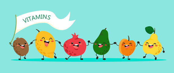 Funny fruits go hand in hand. Vector illustration in cartoon style.