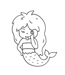 Funny mermaid makes faces and sticks out tongue. Cute cartoon character for emoji, sticker, pin, patch, badge. Vector outline illustration.