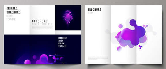The minimal vector illustration of editable layouts. Modern creative covers design templates for trifold brochure or flyer. Black background with fluid gradient, liquid blue colored geometric element.