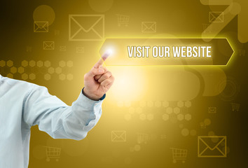 Business man touch a button on an imaginary screen with text