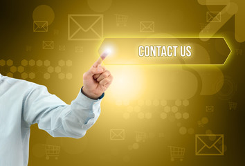 Business man touch a button on an imaginary screen with text