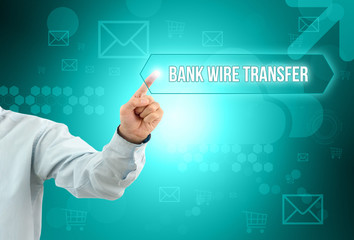 Business man touch a button on an imaginary screen with text