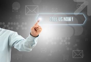 Business man touch a button on an imaginary screen with text