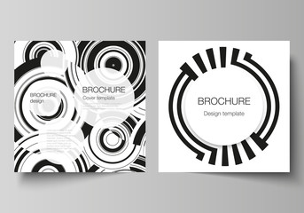 The minimal vector layout of two square format covers design templates for brochure, flyer, magazine. Trendy geometric abstract background in minimalistic flat style with dynamic composition.