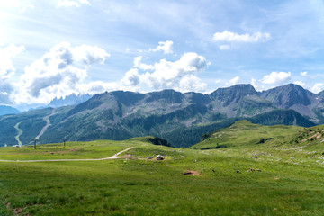 San Pellegrino Pass, Moena , Trentino Alto Adige, Alps, Dolomites, Italy: Landscape at the San Pellegrino Pass (1918 m).It's a high mountain pass in the Italian Dolomites. Summer landscape in the Alps