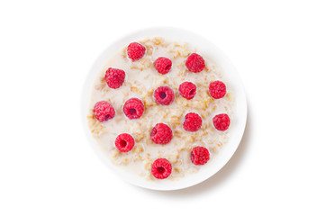 Oatmeal porridge with milk and fresh on a white isolated background