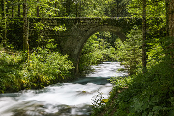 Fototapeta na wymiar Stone bridge over the Kamniska bistrica river at the spring