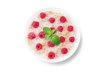 Oatmeal porridge with milk and fresh on a white isolated background