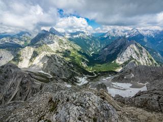 Fototapeta na wymiar A view from the top of the Bavski Grintovec moutain in the Julian Alps, Slovenia