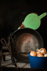 RUSTIC CHIMNEY WITH METAL PAN, SCISSORS, CUBE WITH ONIONS AND BELLOWS TO AVIVATE THE FIRE