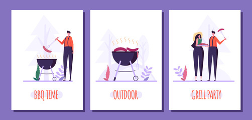 Barbecue party concept. Man and Woman at a picnic cooking a barbecue grill outdoors. Barbecue party cards or posters templates with picnic on white background. Vector illustration.
