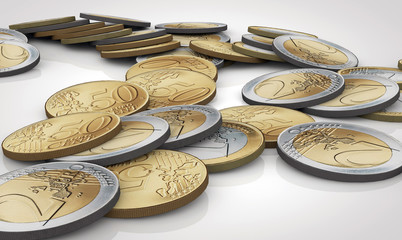 Coin drop of the dollar and Euro on white background. 3D rendering.