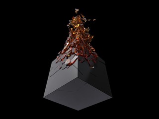 Shiny black cube shattering into small amber crystals