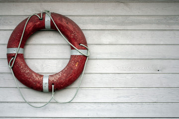 Red lifebuoy on a wooden white wall.