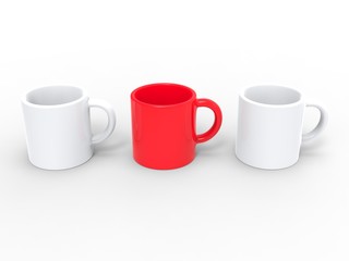 Three coffee mugs, white and red - top down view