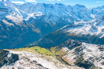 Amazing mountain view of Jungfrau valley from top of Schilthorn, Murren, Switzerland