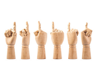 hand of wood doll make fingers to touch on white bakground