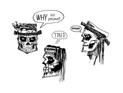 hand drawn collection of horror bony faces with funny speech bubbles. Dark comedy illustration.