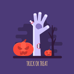 Obraz premium Vector illustration of Halloween party invitations or greeting cards. Concept of zombie hand, pumpkin and dark forest. Flat design