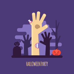 Vector illustration of Halloween party invitations or greeting cards. Concept of zombie hand, pumpkin and dark forest. Flat design