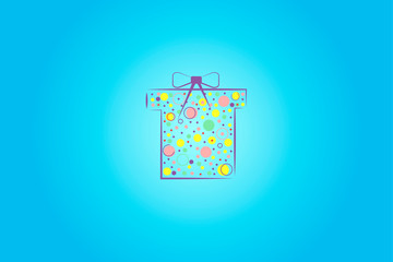 Silhouette of Christmas gift box with bright confetti, bow on blue background
