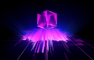 Abstract dark background. Bright box. Shine square. Sci fi shape. Light neon geometry. Smart code. Energy effect. Big data. Vivid streak. Vibrant strings. Digital chip. Glare grid lines. Cubes