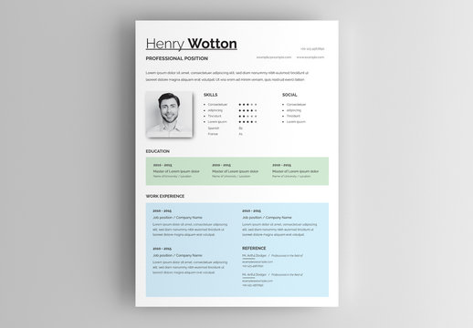 Resume Layout with Blue and Green Accents
