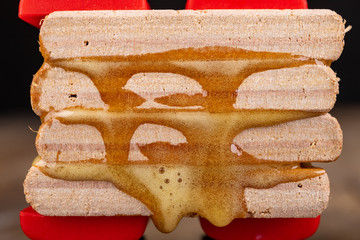 Gluing wood with waterproof adhesive. Pieces of wood pressed together with carpentry clamps.