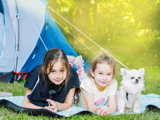 Camp in the tent - girls with little dog chihuahua sitting together near the tent. Camping with children. Camping tourism and vacation concept