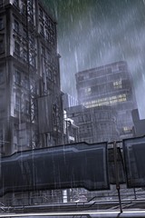 Futuristic urban landscape. A scene with cityscape in the fog and rain. Wallpaper in the style of cyberpunk. 3D illustration.