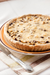 Chicken tart with mushrooms and cheese on a plate