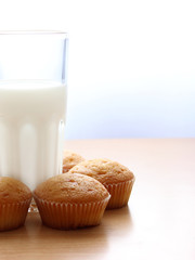 glass of milk and muffins on a wooden table