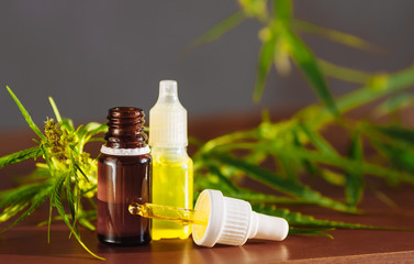 Bottle of CBD cannabis oil. Health marijuana with cannabidiol content. Pharmaceutical hemp drug preparation with safe cannabinoids