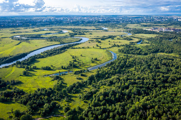 The valley of the Klyazma river in Vladimir, Russia the top view from the drone