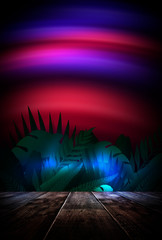 Night concept of a wooden table scene. Tropical leaves neon light. Blank poster, scene night view.